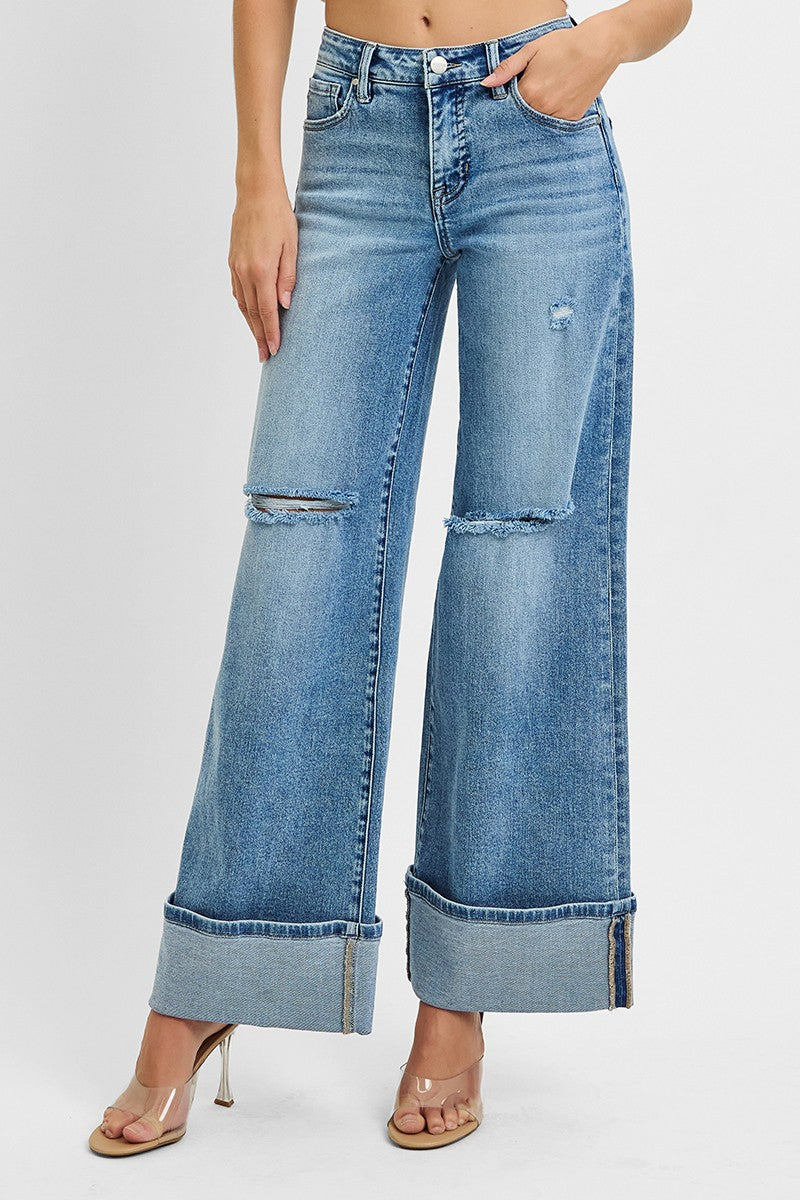 Mid Rise Wide Cuffed Jeans