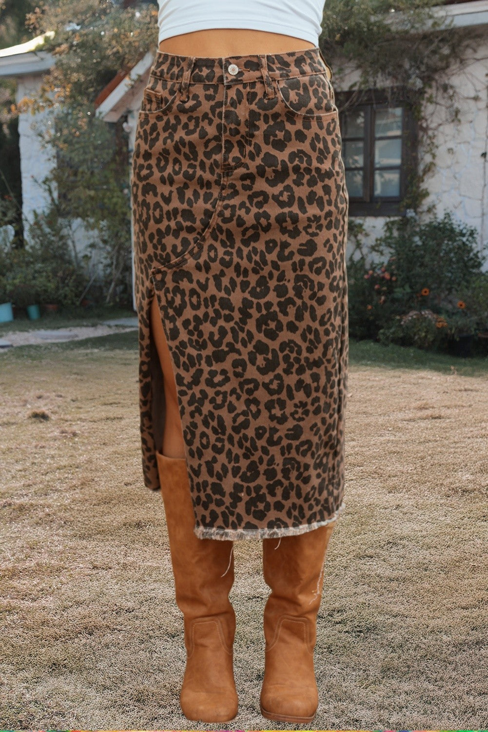 Leopard Frayed Split Denim Midi Skirt
