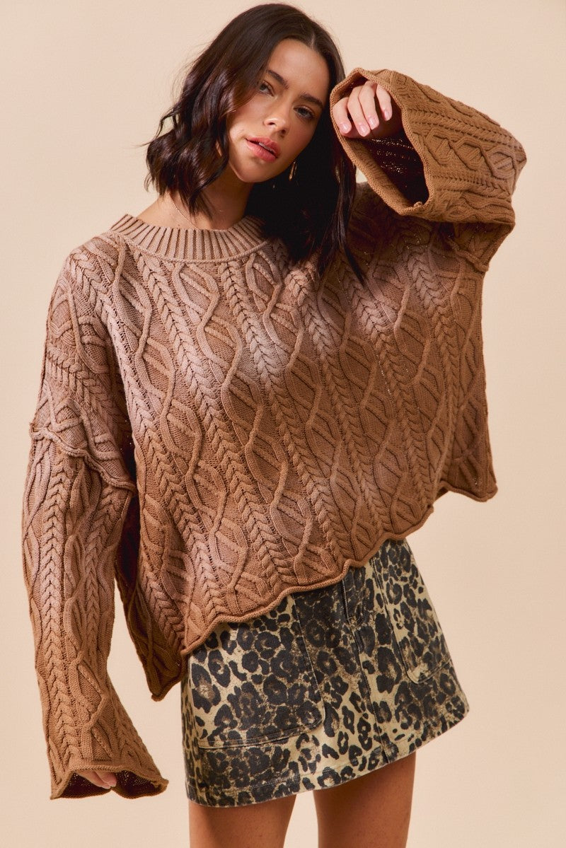Acid Washed Cable Knit Sweater